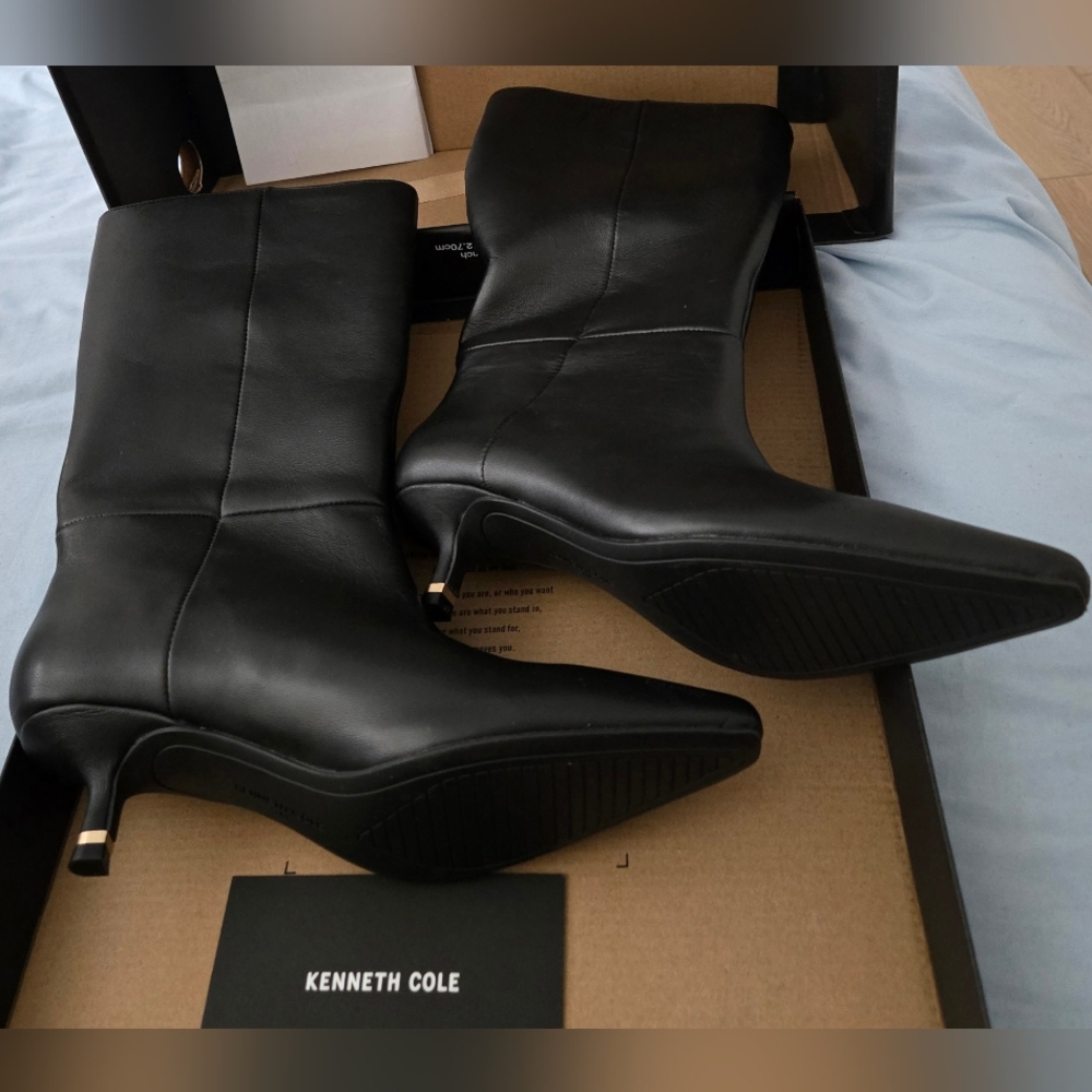 Kenneth Cole New York Meryl Leather Bootie, Stylish Black Mid Heel Boots |KC